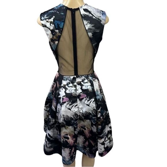 Nah Khanh abstract floral print mesh back fit flare Dress w pockets EUC sz 4 - Picture 5 of 12
